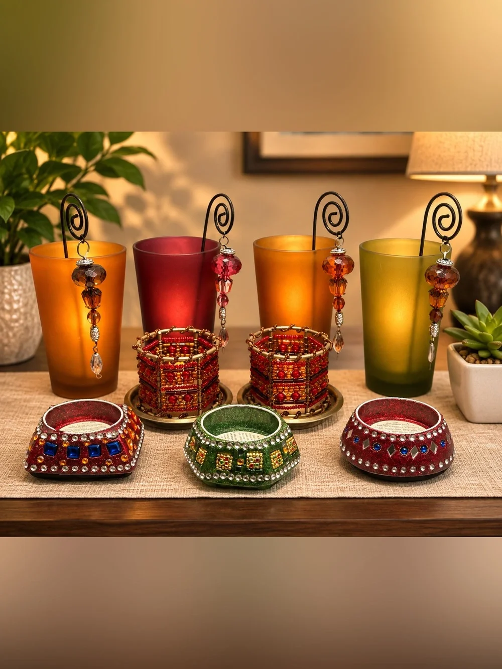 Decorative Beaded Tealight Holders Set - Red & Green